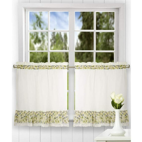 Ellis Curtain Clarice High Quality 2-Piece Leafy Branch Patterned Ruffled Tier Pair Window Curtains - 58 x24", Blue