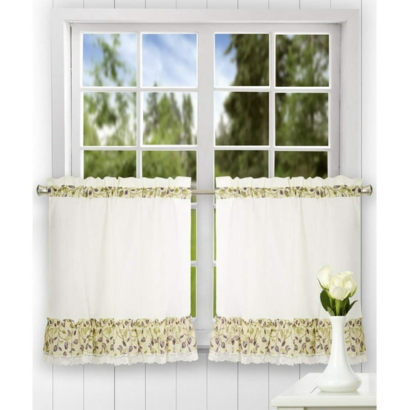Ellis Curtain Clarice High Quality Fabric Perfect Decorative 2-Piece Leafy Branch Patterned Ruffled Tier Pair Window Curtains - 58 x24"