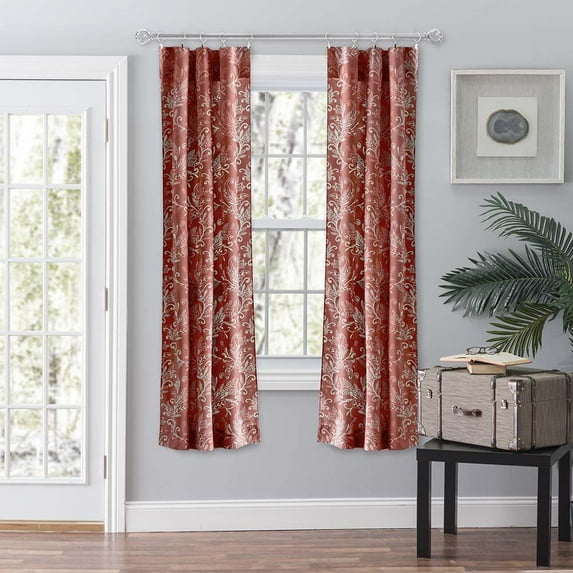 Ellis Curtain Lexington Leaf Pattern on Colored Ground Curtain Pair with Ties 56"x63" Brick