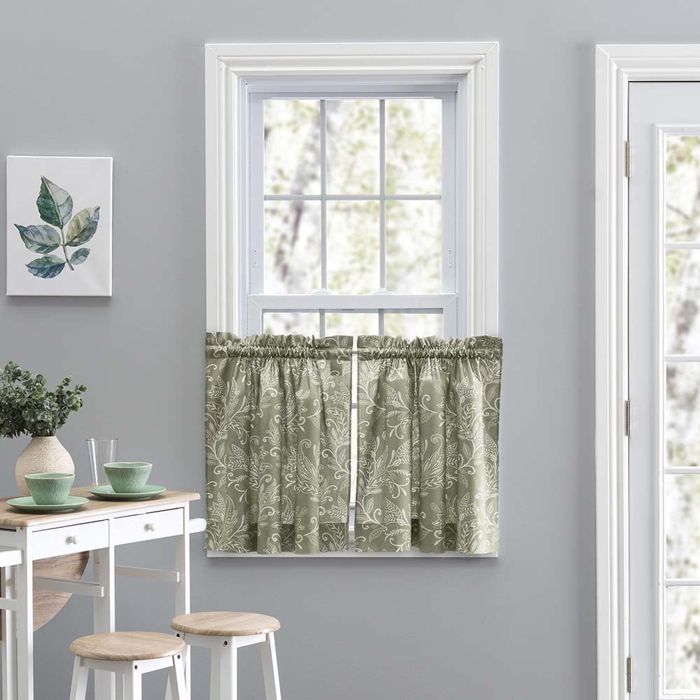 Sage Leaf Pattern Cotton Polyester Window Curtain Tiers
