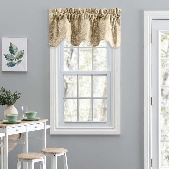 Ellis Curtain Lexington Leaf Pattern on Colored Ground Scallop Valance 58"x15" Tan