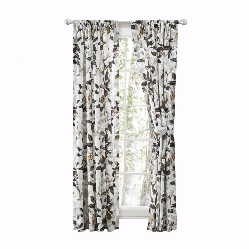 Magnolia Floral Blackout Cotton Polyester Curtain Panel Pair with Tiebacks, 100" x 63"