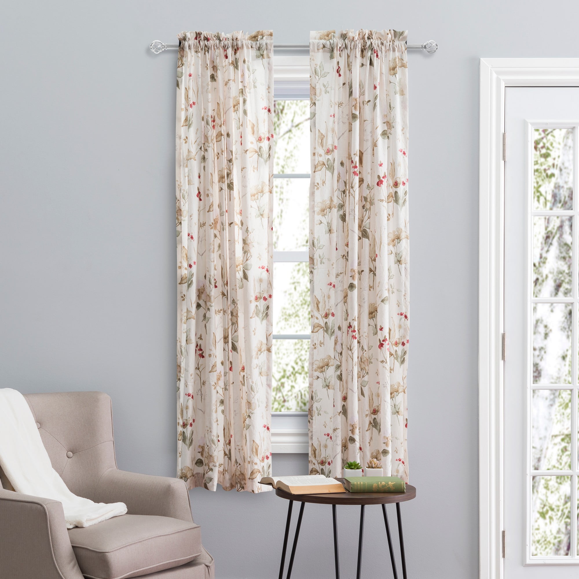 Sophia Floral Red and Beige Polyester Sheer Curtain Panel
