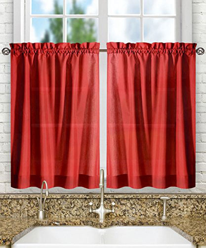 Red Cotton Polyester Sheer Rod Pocket Window Curtains