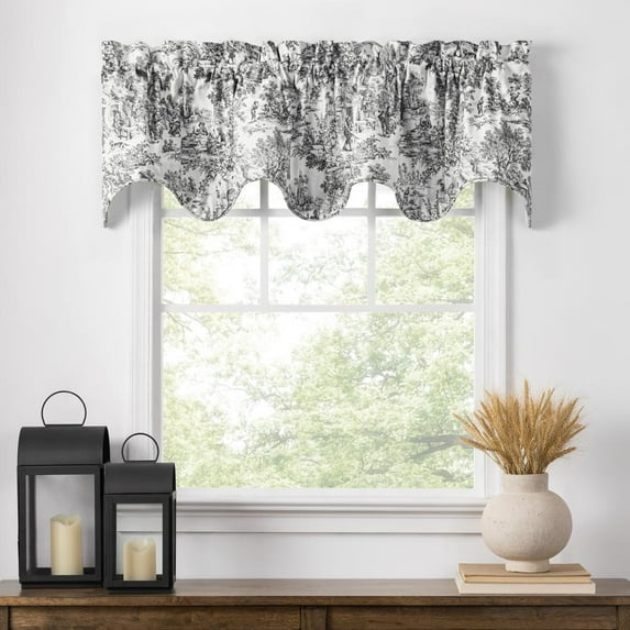 Ellis Curtain Victoria Park Toile High Quality Room Darkening Solid Color Lined Scallop Window Valance - 70 x16", Black