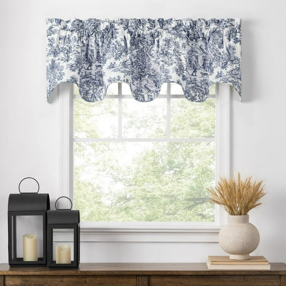 Ellis Curtain Victoria Park Toile Room Darkening Solid Color Lined Scallop Window Valance - 70 x15", Blue