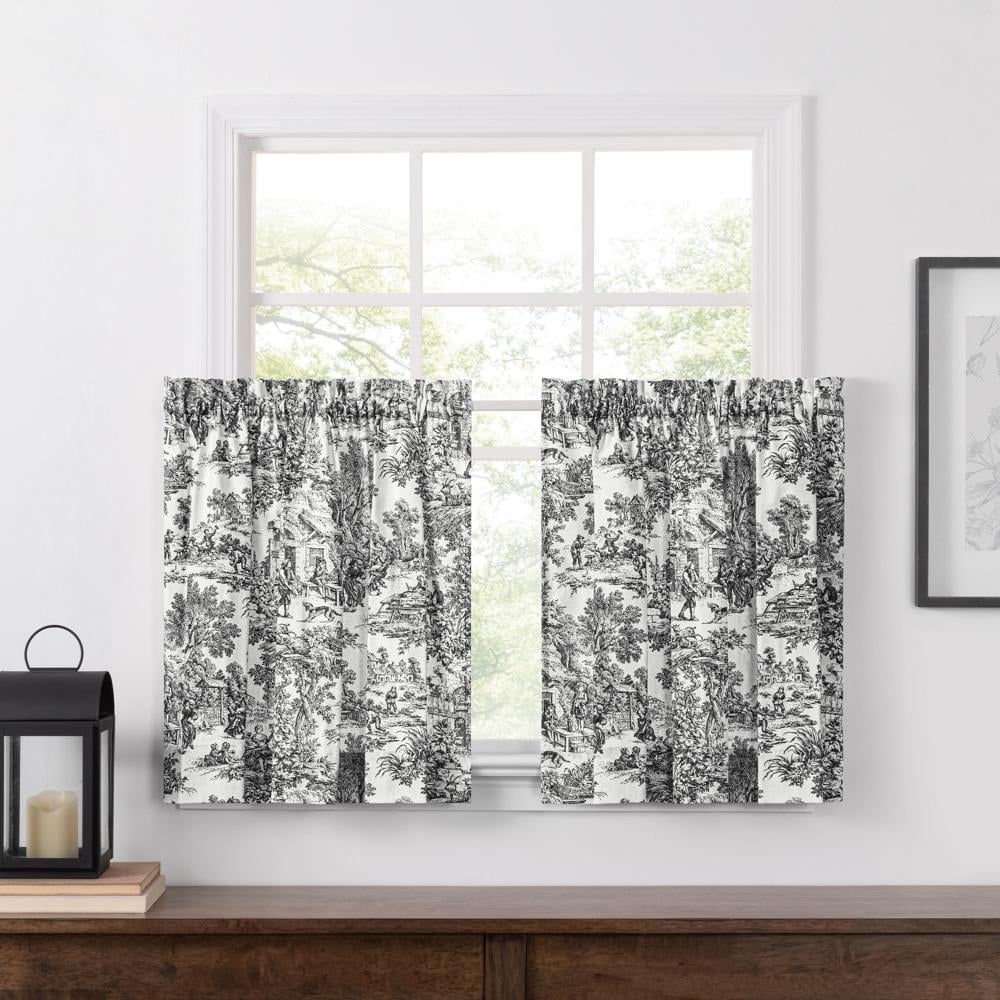Black and White Cotton Rod Pocket Room-Darkening Tier Curtains