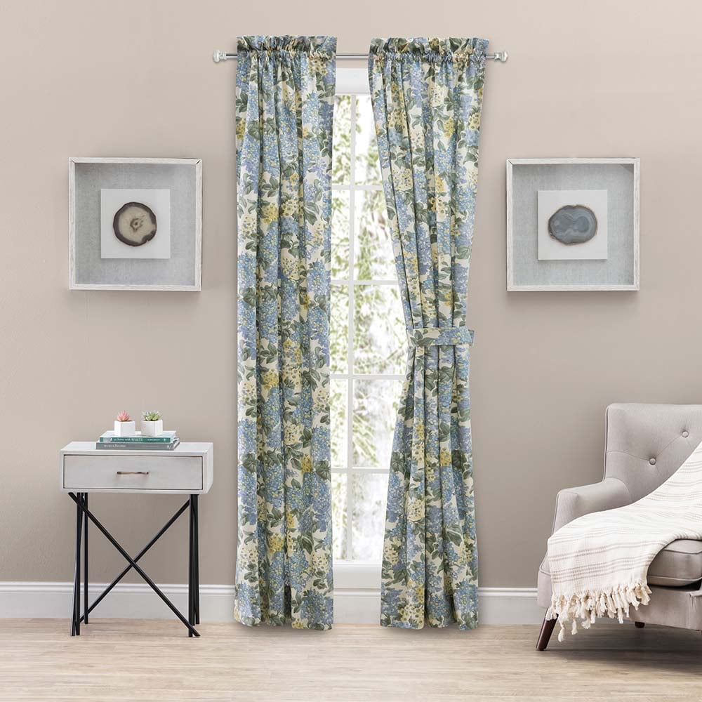 Blue Hydrangea Cotton Rod Pocket Light-Filtering Curtains
