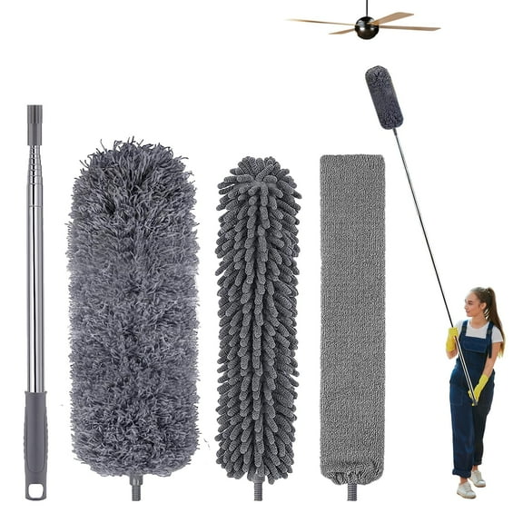 Ellis Kas Microfiber Duster, 4PCS with Detachable Extension Pole(Stainless Steel) 30-100" Dust Cleaning Kit for home