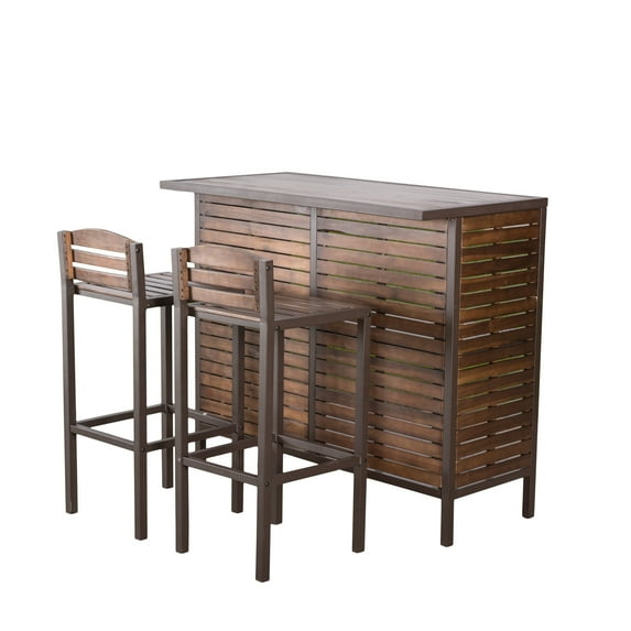 Ellis Outdoor 3 Piece Acacia Wood Bar Set, Dark Brown