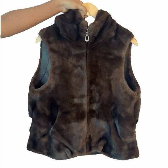 Ellison+Young Real Feel Faux Mink Hooded Vest, High Collar Sleeveless Outwear Top