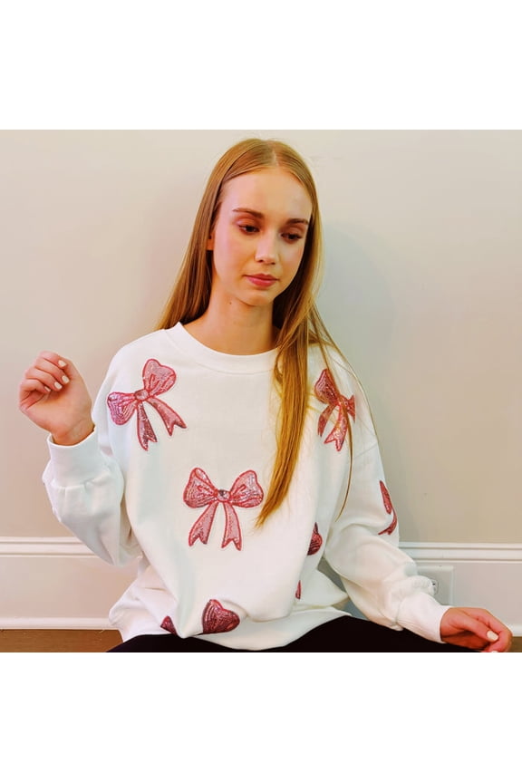 Ellison + Young Sparkly Bow Patch Sweatshirt, Cute Pullover Tops, Crew Neck
