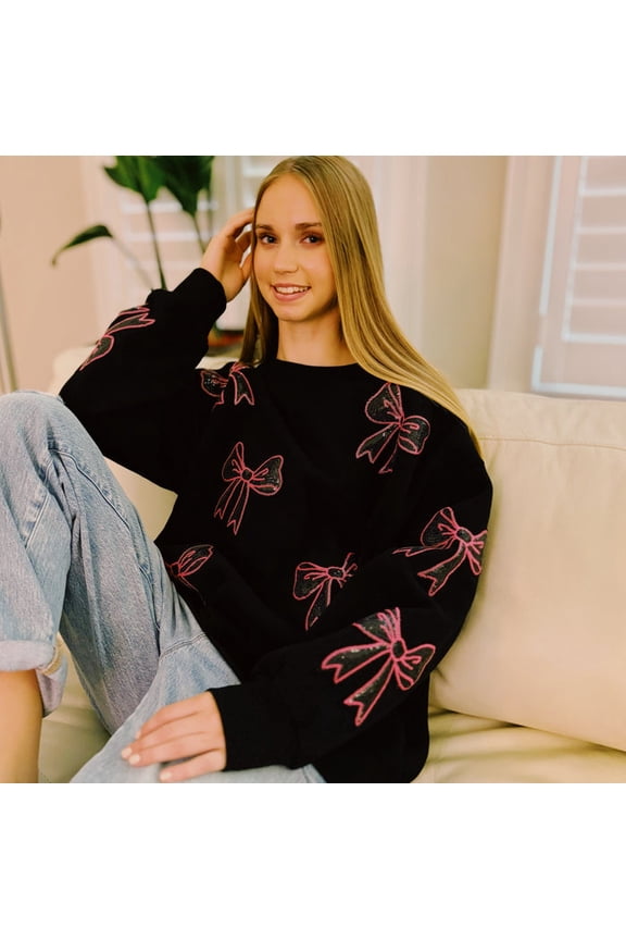 Ellison + Young Sparkly Bow Patch Sweatshirt, Cute Pullover Tops, Crew Neck