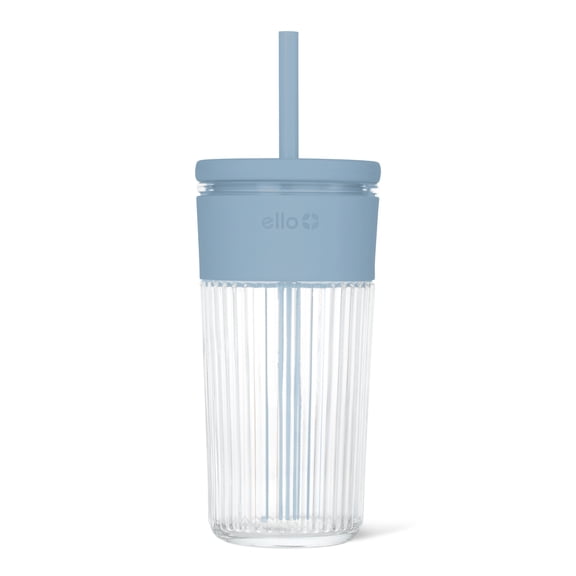 Ello Ava 18oz Glass Tumbler with Straw and Lid | Premium Ribbed Glass with Silicone Grip, Car Cup Friendly, Dishwasher Safe, BPA Free | Iced Coffee, Water, Juice Cup | Tech Blue