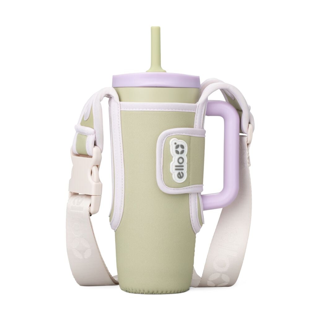 Ello Ultra Clean 24oz Stainless Steel Tumbler with Handle and Bottle Bag Sling with Adjustable Strap, Whispering Leaves