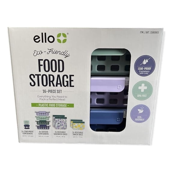 Ello Eco-Friendly Food Storage, BPA Free Plastic Food Storage, Blueberry Delight Color, 16-Piece Set