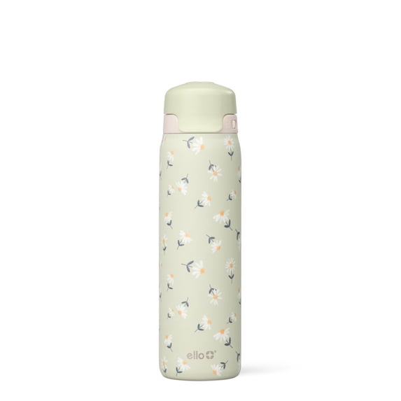 Ello Flip & Fill 22 oz Stainless Steel Water Bottle, Green Daisies