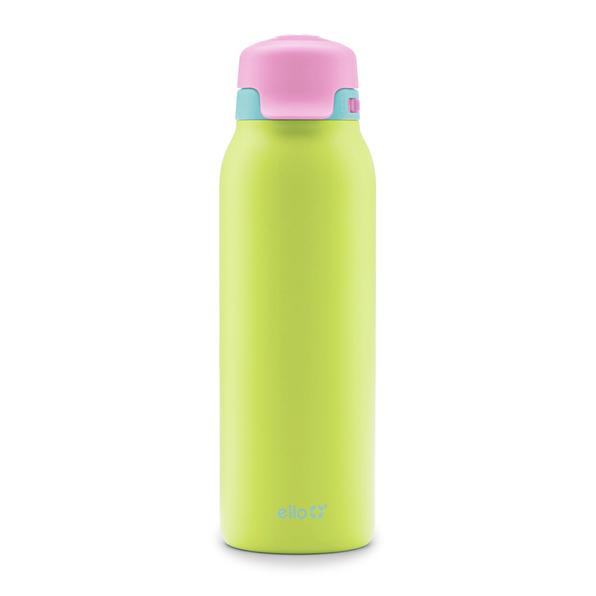Ello Flip & Fill 32 oz Stainless Steel Water Bottle with Flip-Top Lid and Straw, Lime Green