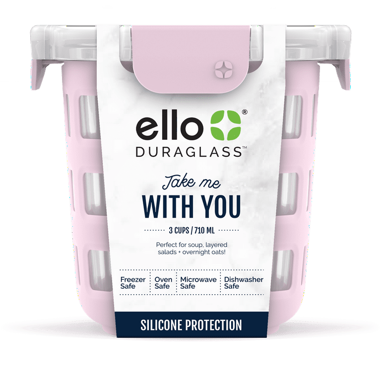 Ello Duraglass Food Storage Glass Lunch Bowl Container - Meal Prep Container with Silicone Sleeve and Airtight Lid, 5 Cup, Cashmere Pink