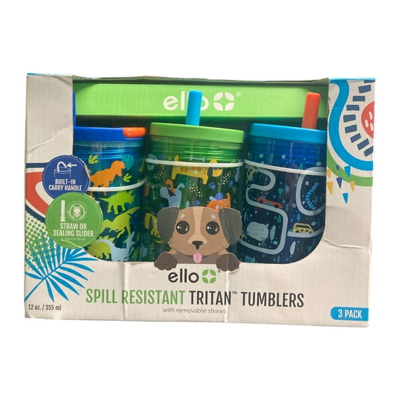 Ello Kids Bop 12oz Tritan Tumbler With Screw-On Lids and Removable Straws 3 Pack (Cars, Dogs, and Dinosaurs)