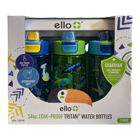 Ello Kids Leak-Proof Tritan Water Bottles, 14oz, Anti-Microbial 3 Pack (Action World)