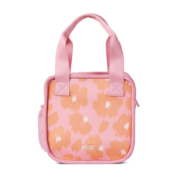 Ello Floral Insulated Neoprene Lunch Tote with Zipper, Orange/Pink