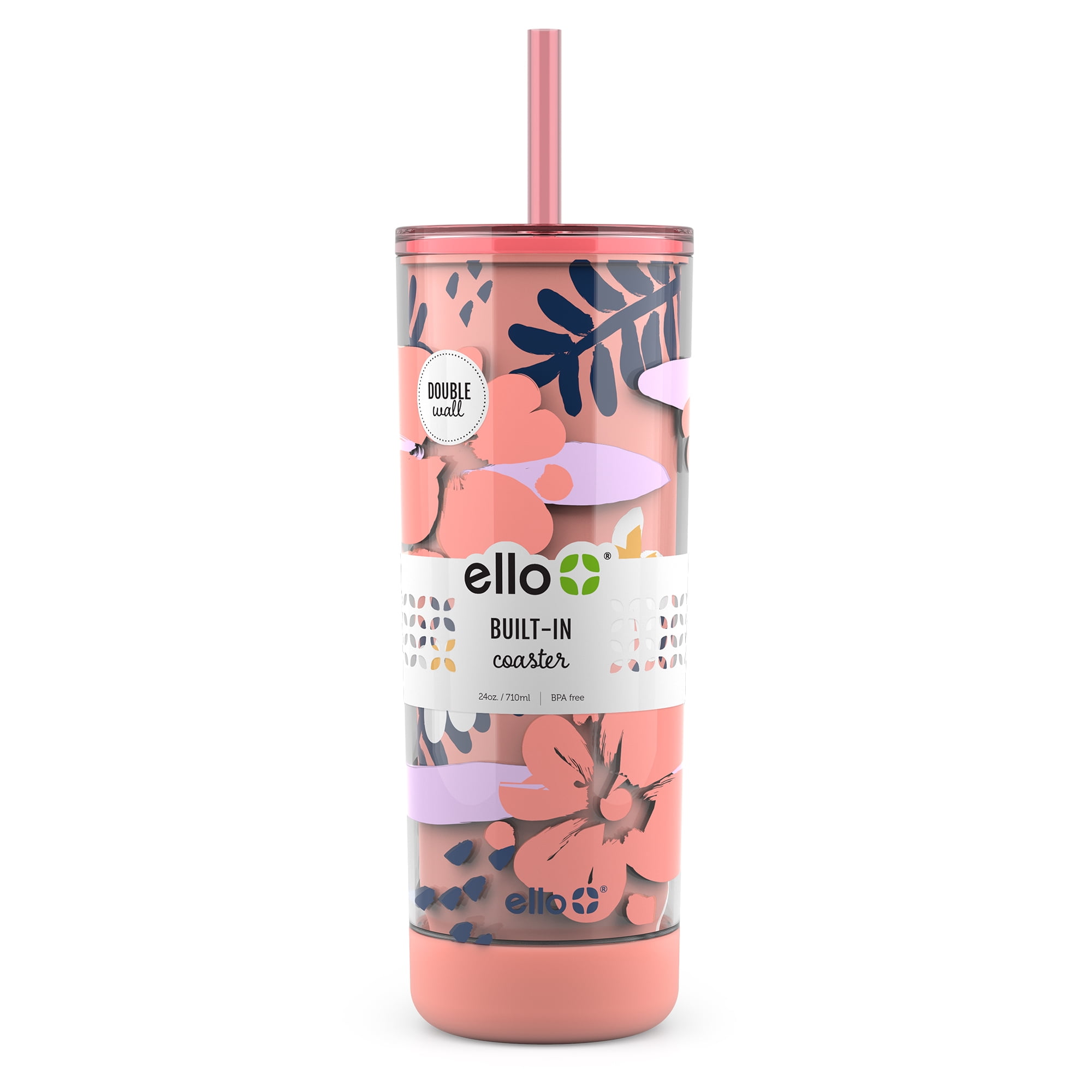 Ello Tidal Glass Tumbler with Straw, 20 oz, Pink