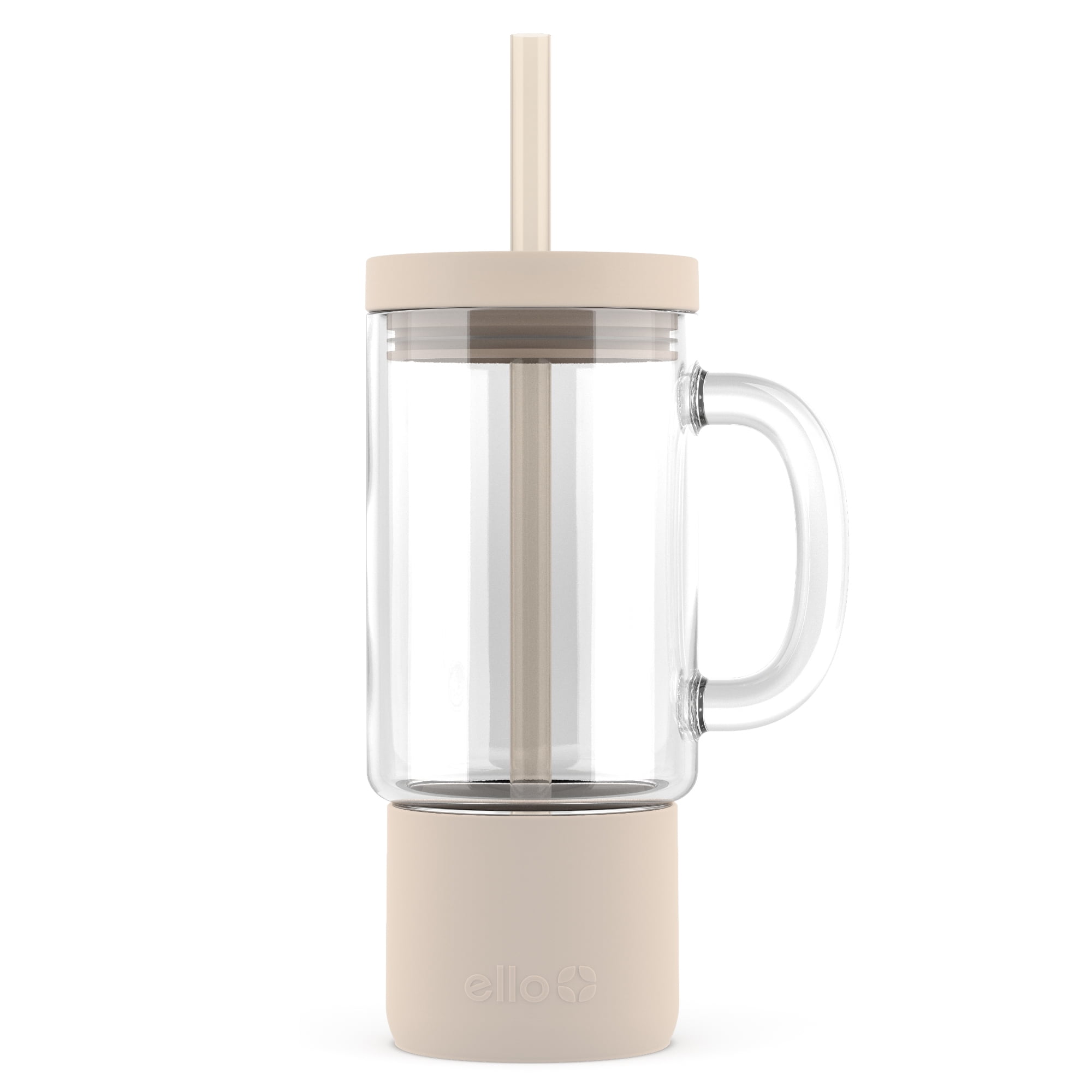 Ello Nova 18 oz Glass Travel Mug with Straw, Beige