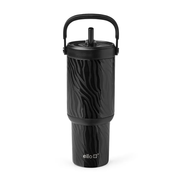 Ello Oasis Go 24oz Stainless Steel Tumbler with Top Handle and Retracting Straw, Black Zebra