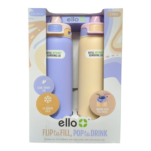 Ello Pop & Fill 22oz. 2-Pack Stainless Steel Water Bottle with Leak Proof