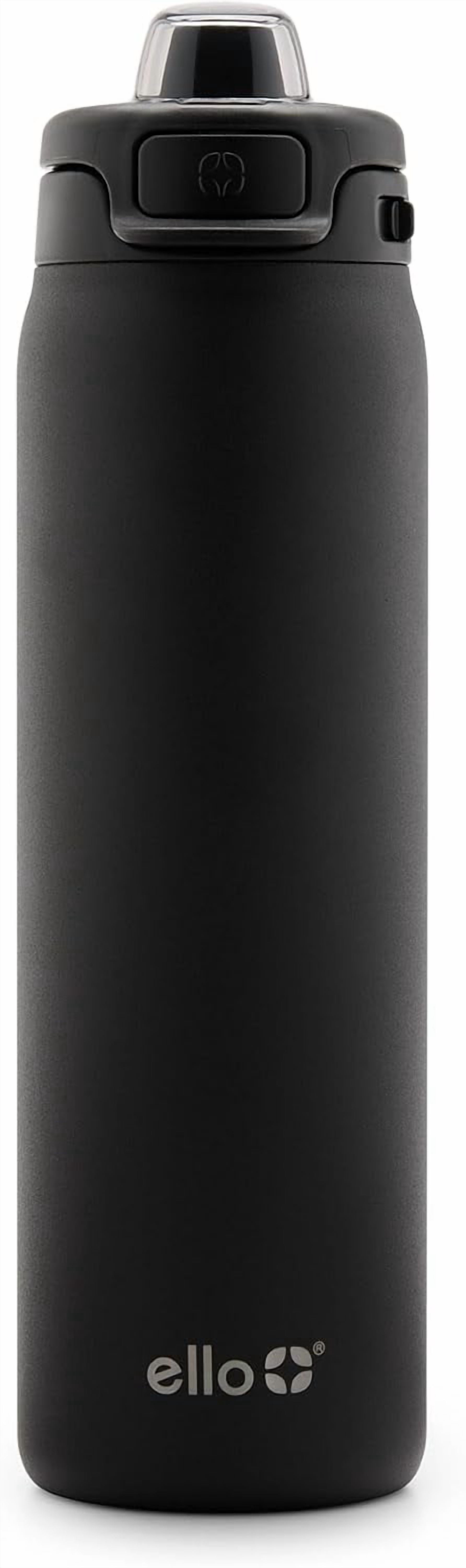 Ello Pop & Fill Stainless Steel Water Bottle with Quick Fill Technology, Double Walled Vacuum Insulated Metal, Leak Proof Locking Lid, Sip & Chug, BPA Free, Holiday Gift, 22oz, Black