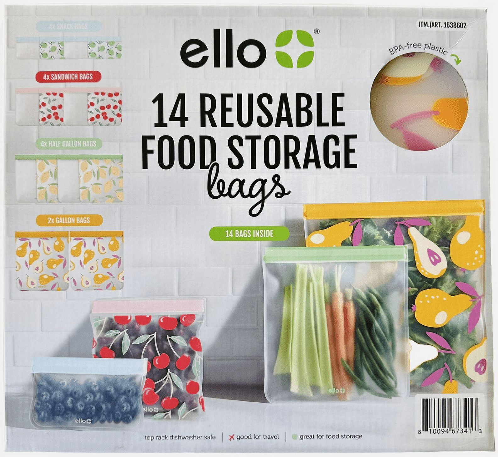 Ello BPAFree Reusable Food Storage Bags 14 Pack, Dishwasher Safe