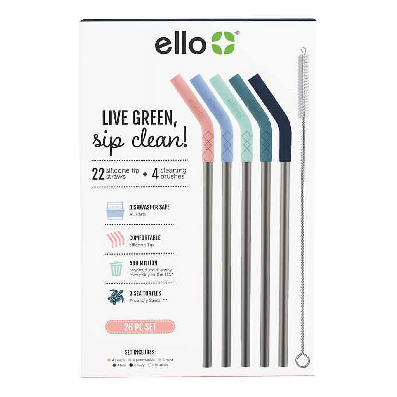 New ello Reusable Stainless Steel Straws Silicone Tip & Brush Pack of 6