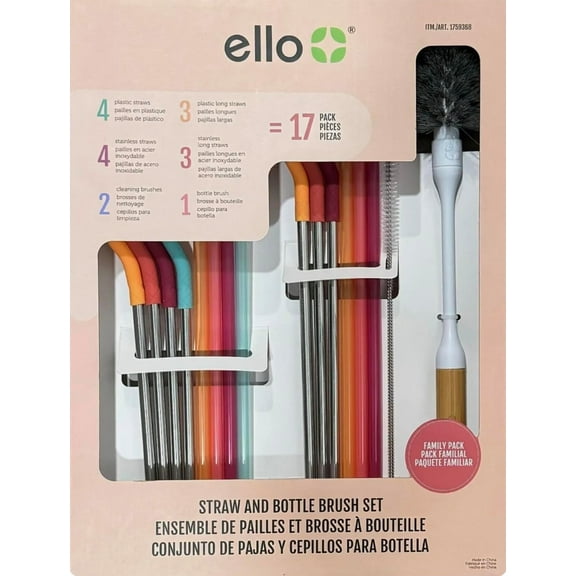 Ello Straw and Bottle Cleaning Set, BPA Free, Multi-Color, 17 Piece
