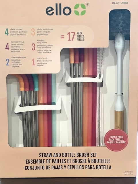 Ello straw & bottle brush 17 piece reusable/bottle cleaner (pink)