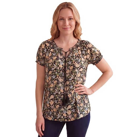 Ellos Plus Size A-Line Scoop Neck Ruffle Trim 100% Cotton Cambric Peasant Blouse