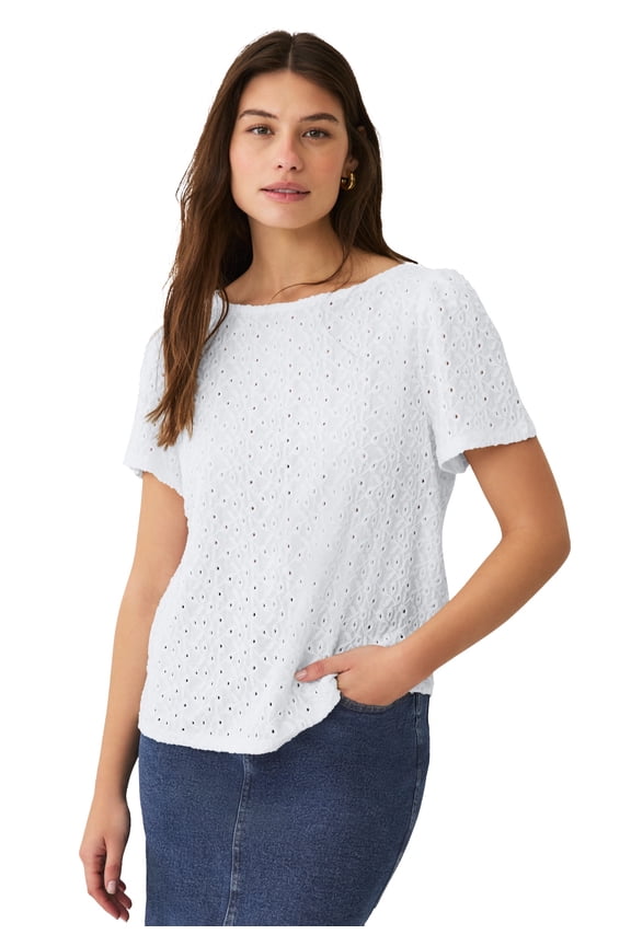Plus Size Boat Neck Flutter Sleeve Knit Eyelet Tee