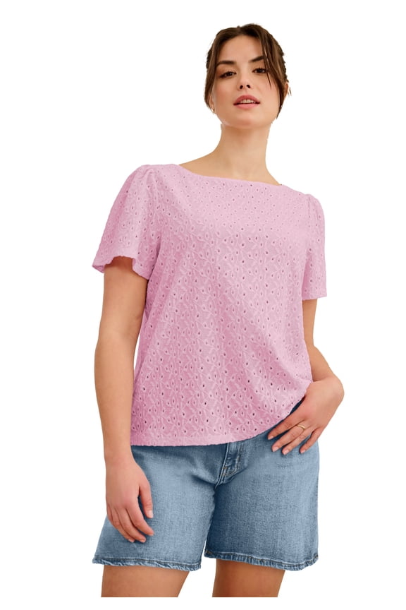 Plus Size Boat Neck Flutter Sleeve Knit Eyelet Tee