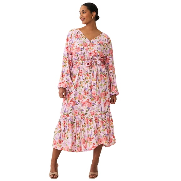 Ellos Plus Size Button Front Midi Dress With Self Belt