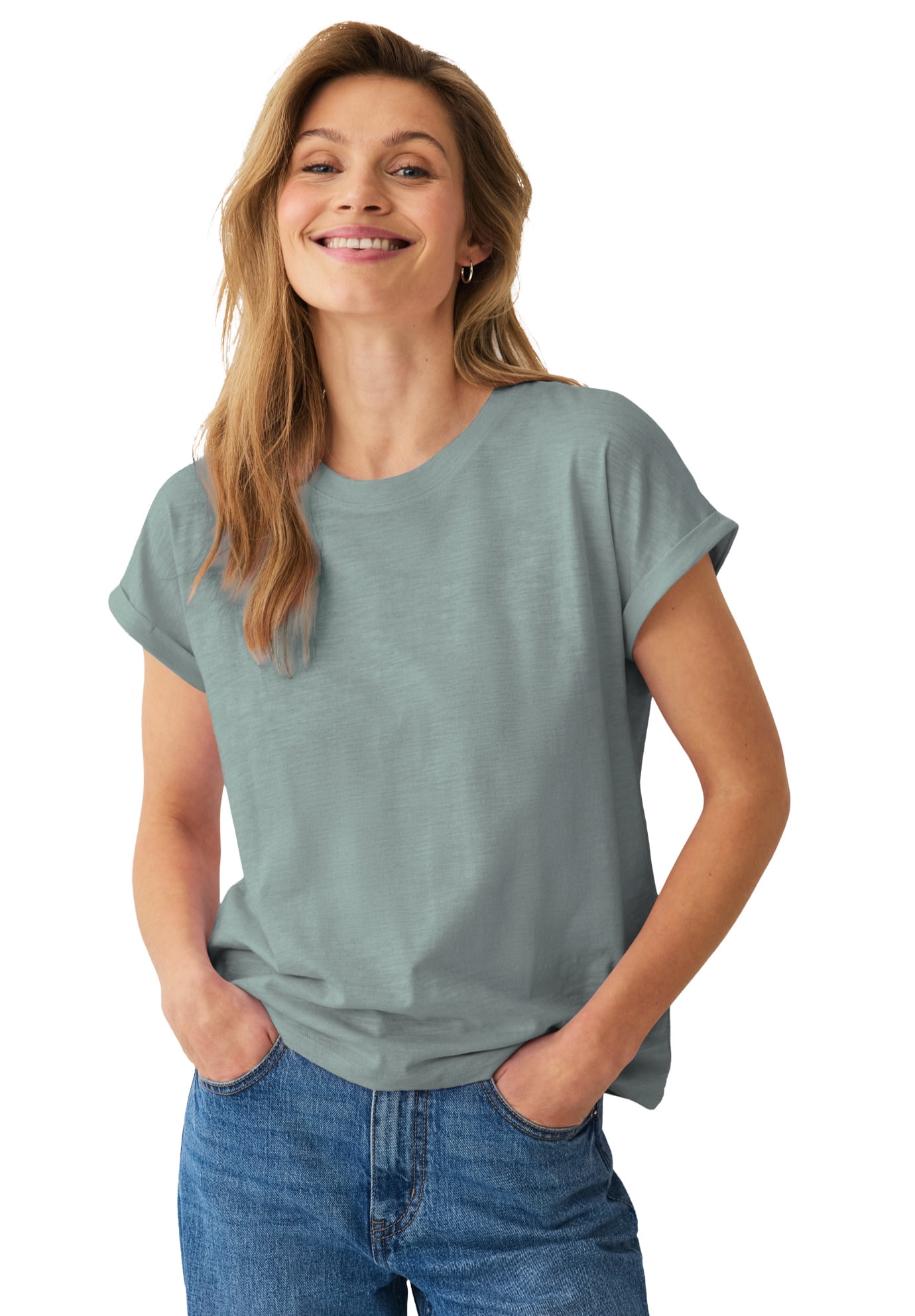 Ellos Plus Size Cotton Jersey Slub Crew Neck Tee With Rolled Cuffs ...