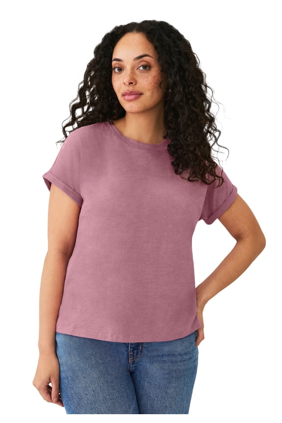 Plus Size Cotton Jersey Slub Crew Neck Tee With Rolled Cuffs