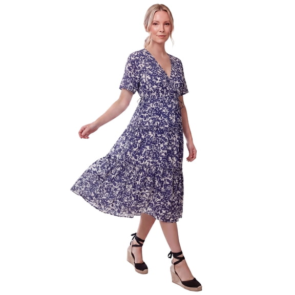 Ellos Plus Size Crinkle Crepe V-Neck Faux Wrap Tiered Midi Dress