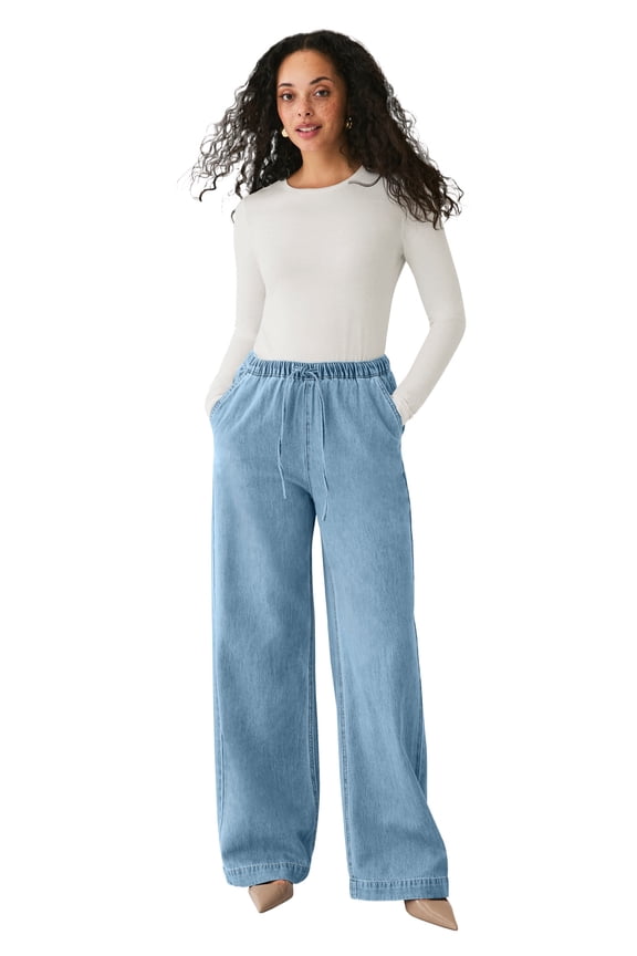 Plus Size Elastic Waist With Drawstring Wide Leg Jeans