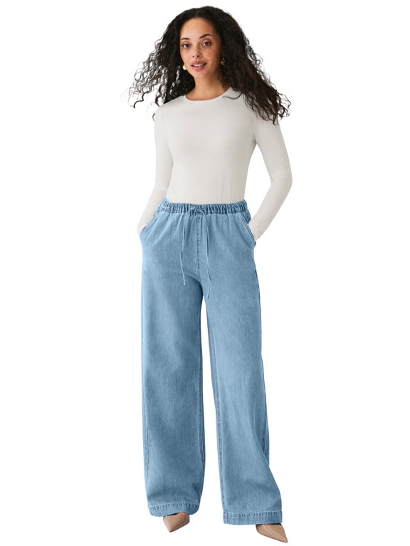 Plus Size Elastic Waist With Drawstring Wide Leg Jeans