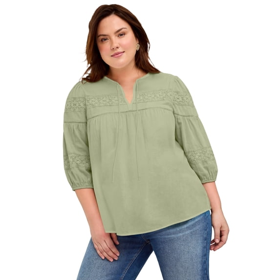 Ellos Plus Size Keyhole Neck Blouse With Crochet Trim