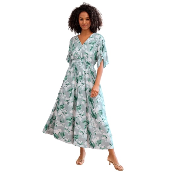 Ellos Plus Size Stretch Knit Fit And Flare Elbow-Length Sleeve Tie-Back Maxi Dress