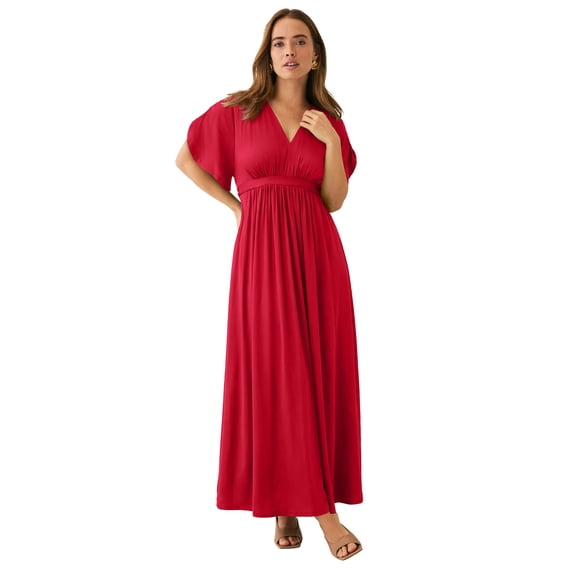 Ellos Plus Size Stretch Knit Fit And Flare Elbow-Length Sleeve Tie-Back Maxi Dress