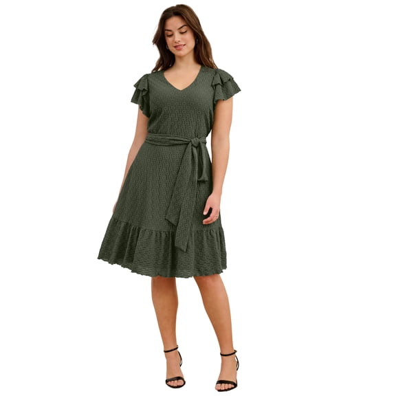 Ellos Plus Size Stretch Knit Tie Waist Ruffle Lace Dress