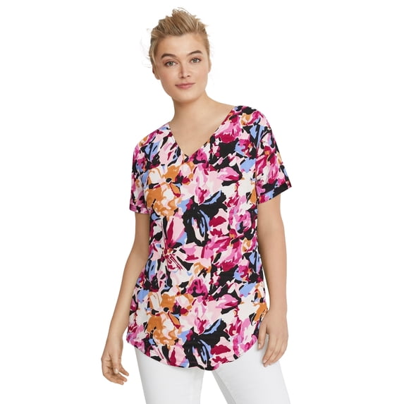 Ellos Plus Size Stretch Jersey Knit V-Neck Inverted Pleat Short Sleeve Tunic