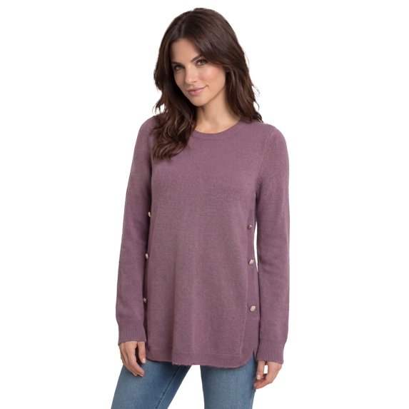Ellos Plus Size Stretch Scoop Neck Curved Hem With Buttons Pullover Sweater